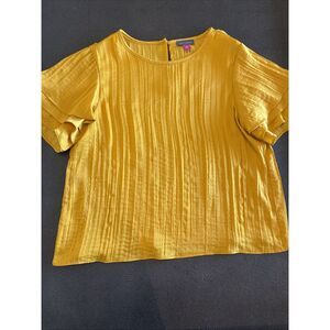 Vince Camuto Pleated Mustard Yellow Top Flutter Sleeve Round Neck Size XS